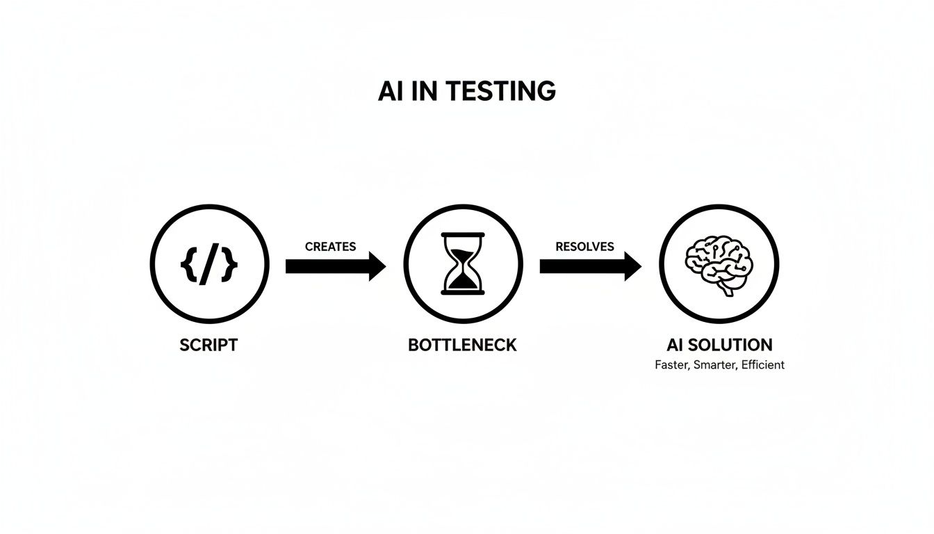 Diagram illustrating how AI in testing resolves bottlenecks created by scripts for faster, smarter, efficient solutions.