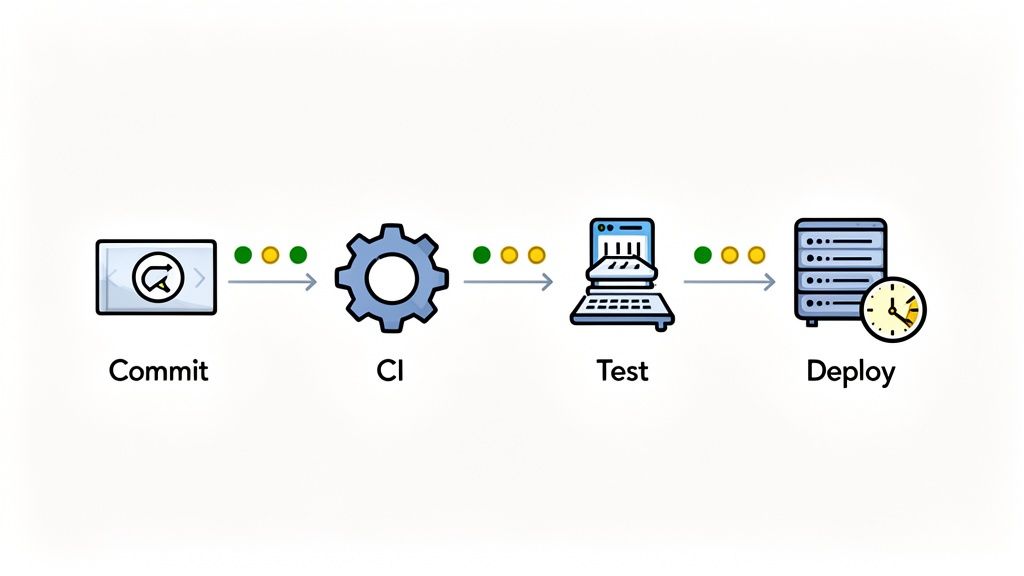 Diagram showing a continuous integration and deployment pipeline with commit, CI, test, and deploy stages.