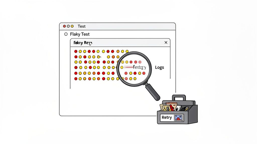 A computer screen displays 'Flaky Test' results, with a magnifying glass highlighting failures and a 'Retry' toolbox.