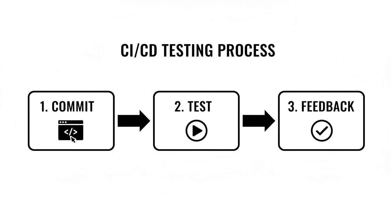 A diagram outlining the CI/CD testing process in three steps: Commit, Test, and Feedback.