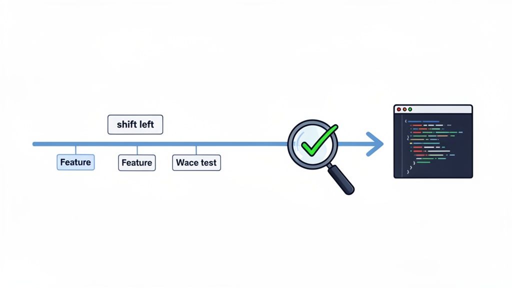 A diagram illustrates the 'shift left' software testing approach, showing features, a 'Wace test', magnifying glass for inspection, and code.