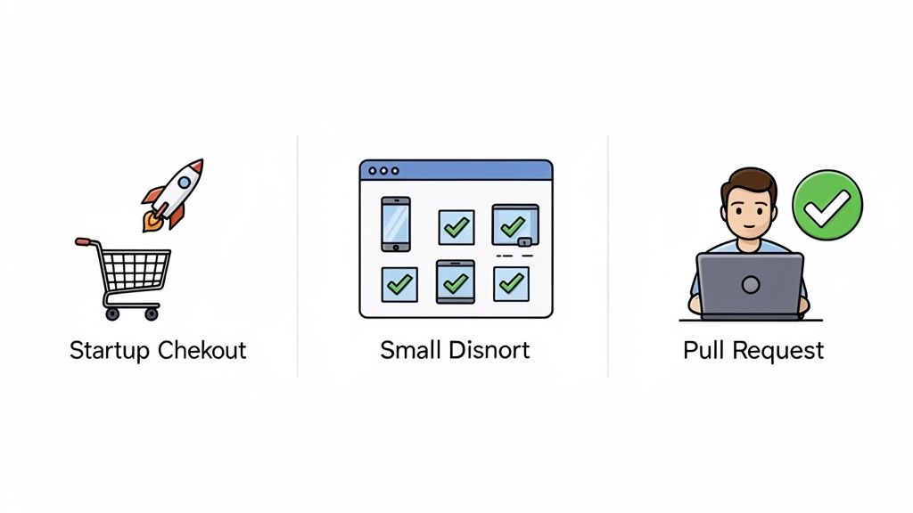 Illustrations of a fast checkout, cross-device compatibility testing, and a developer submitting a successful pull request.