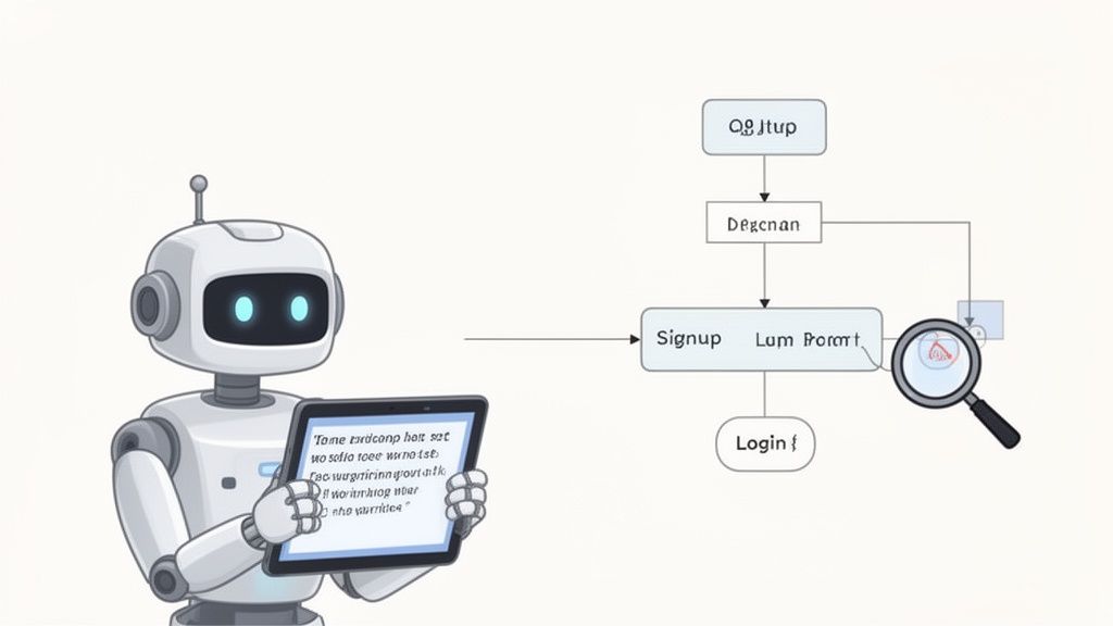 White robot holds tablet, examining a process flowchart with signup and login steps highlighted by a magnifying glass.