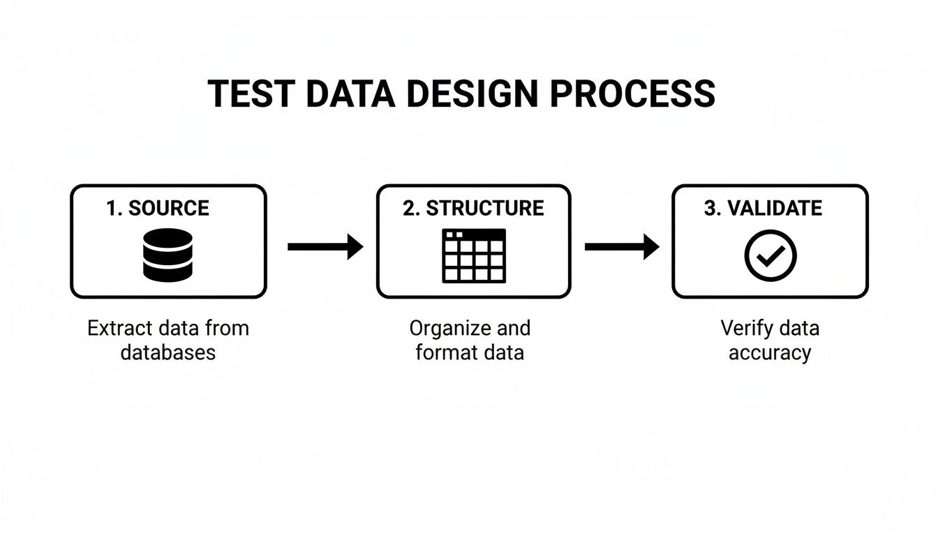 Flowchart illustrating the test data design process with steps: source, structure, and validate data.