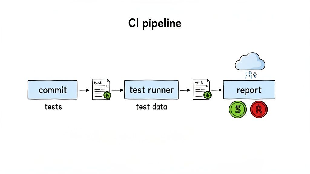 A continuous integration (CI) pipeline diagram showing commit, test runner, and report stages.