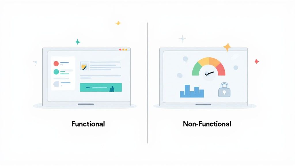 Two laptops visually differentiate functional testing (UI elements) from non-functional testing (performance, security).