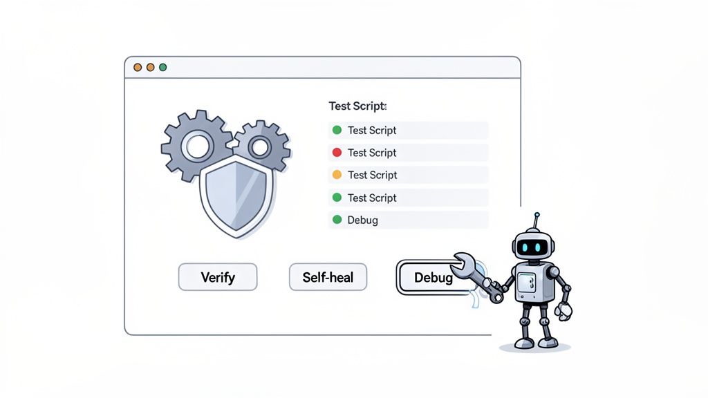 An illustration of automated software testing, debugging, and self-healing with a robot and test scripts.