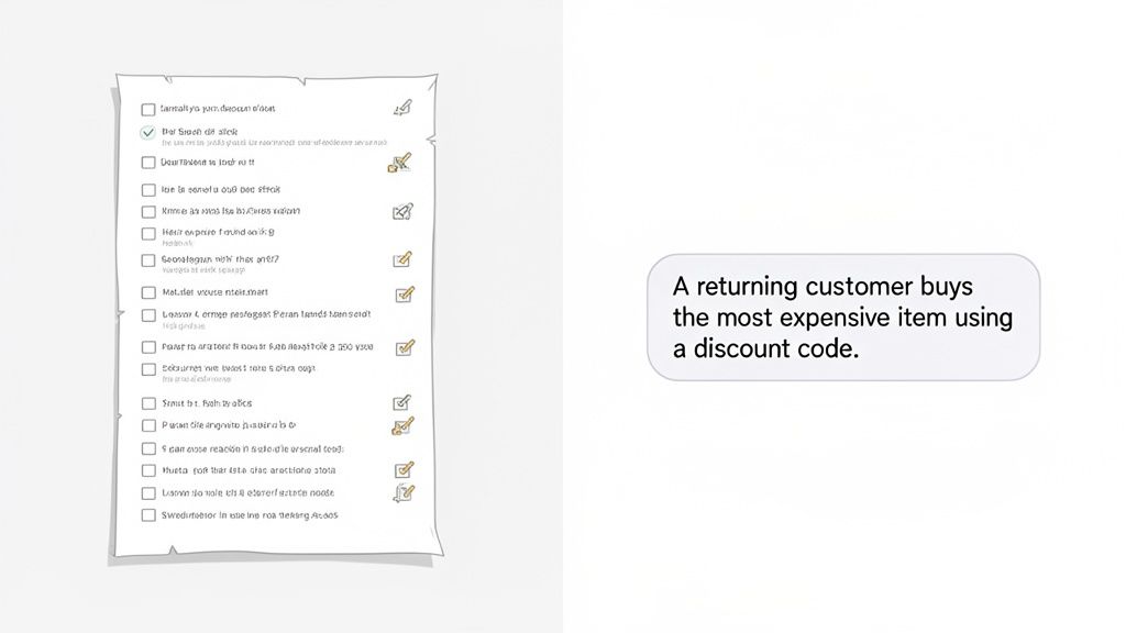 A paper checklist with one item checked, alongside a text bubble describing a customer purchasing with a discount.