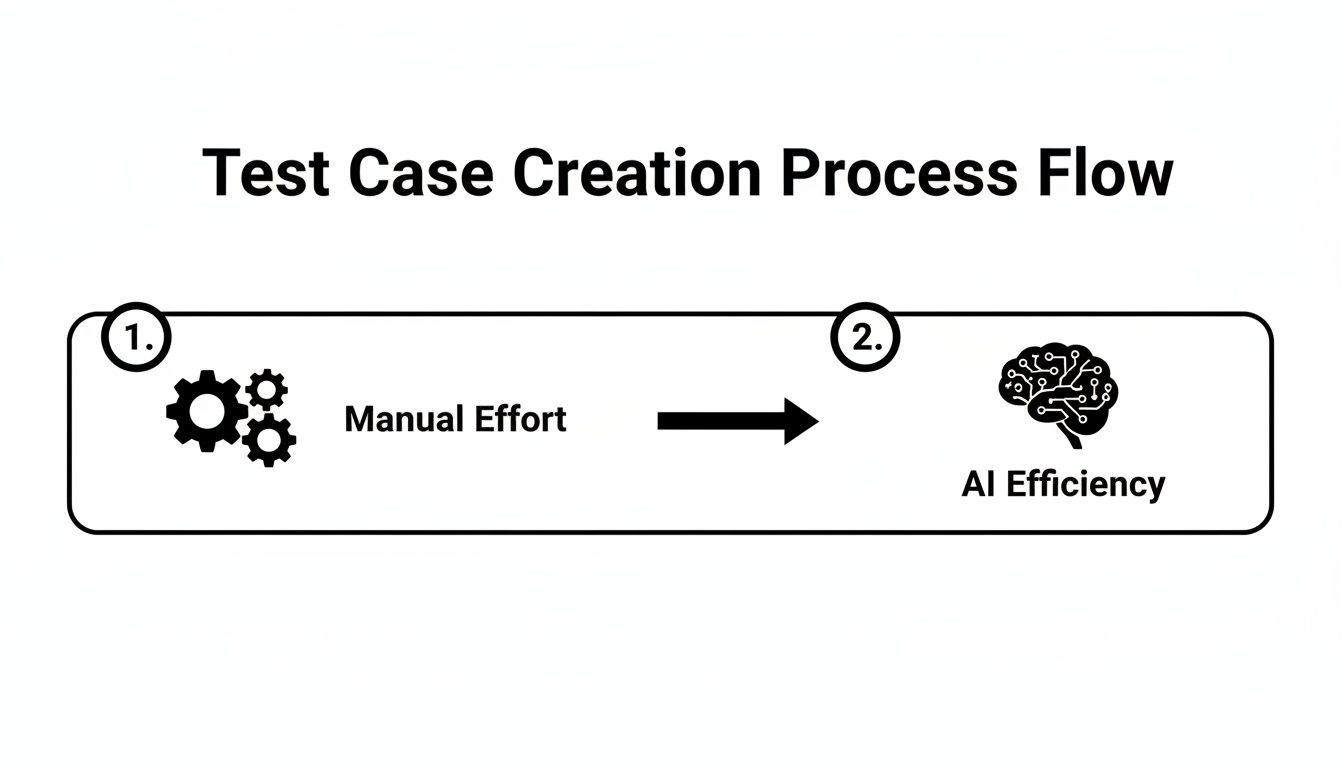 Flowchart illustrating the test case creation process transitioning from manual effort, represented by gears, to AI efficiency, symbolized by a circuit brain.
