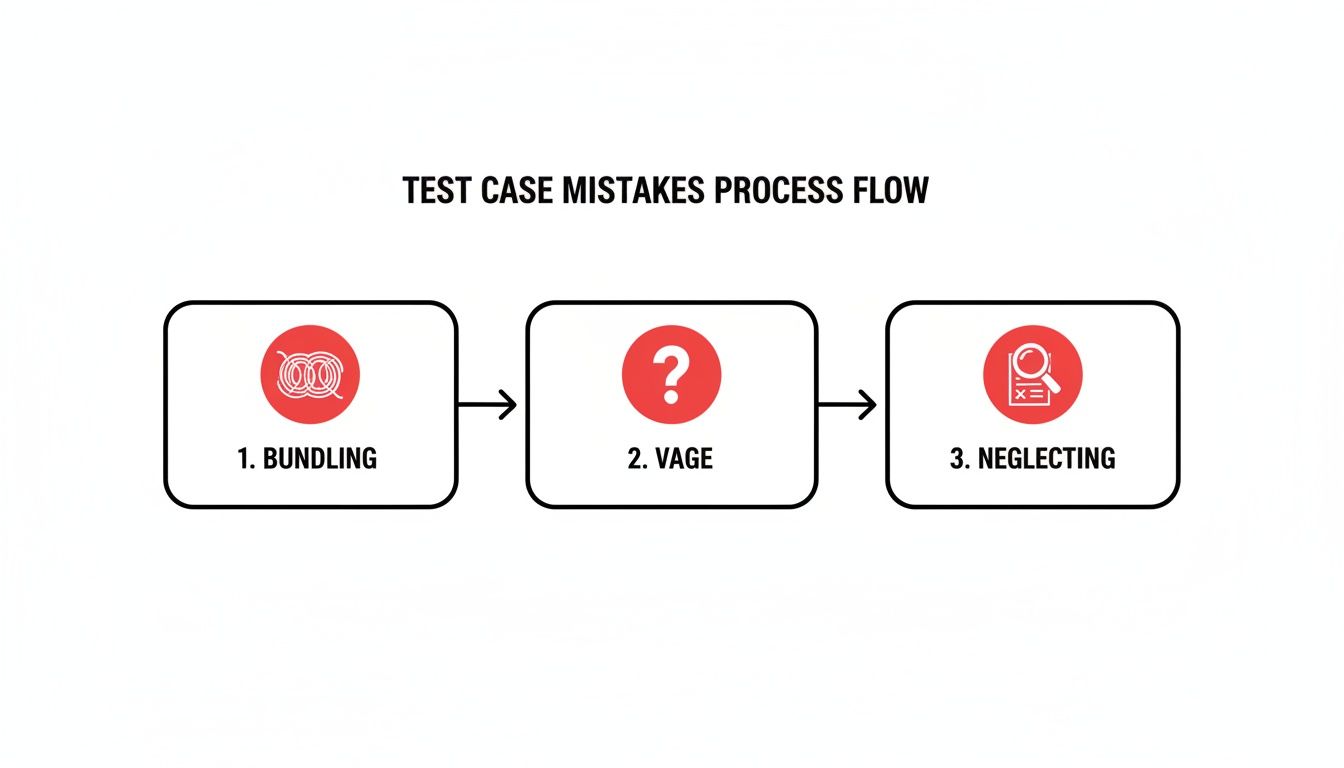 A process flow diagram showing three common test case mistakes: bundling, vague descriptions, and neglecting details.