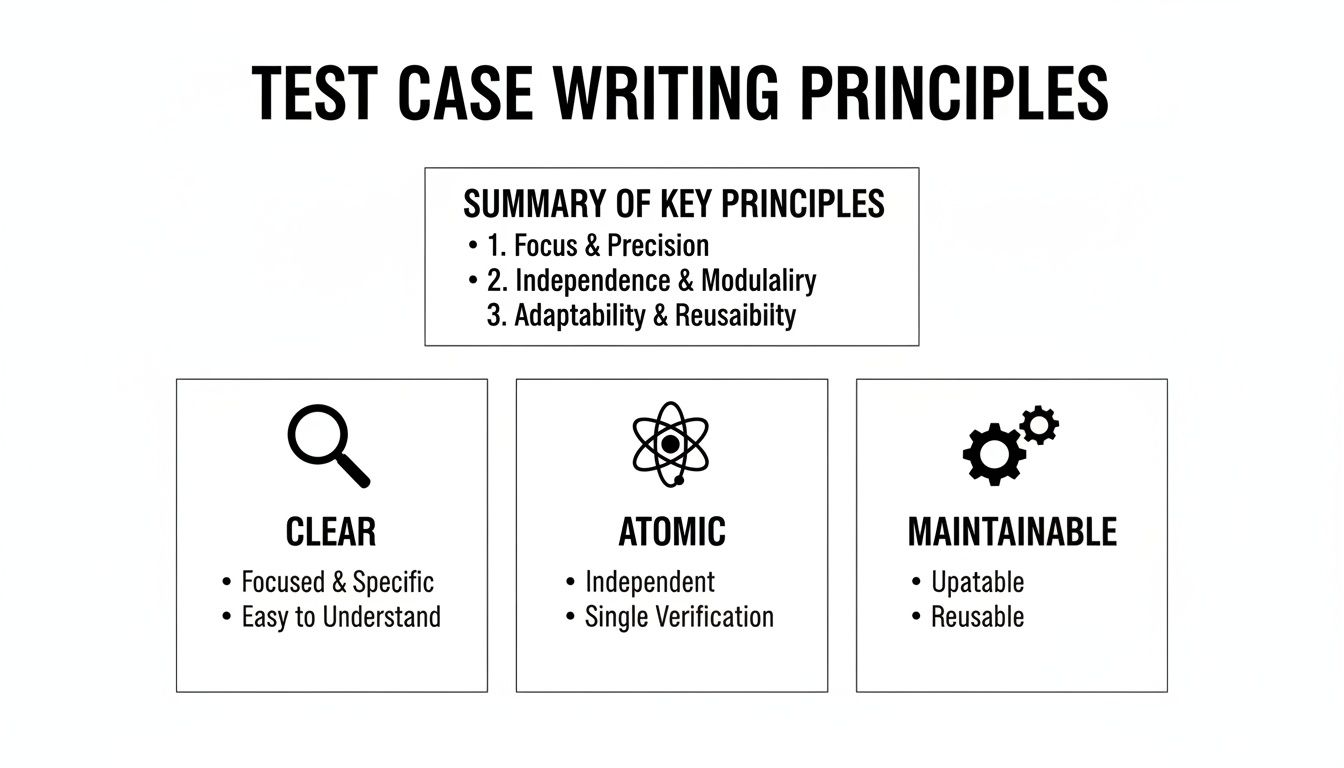 Infographic on test case writing principles: clear, atomic, and maintainable, with key principle summaries.