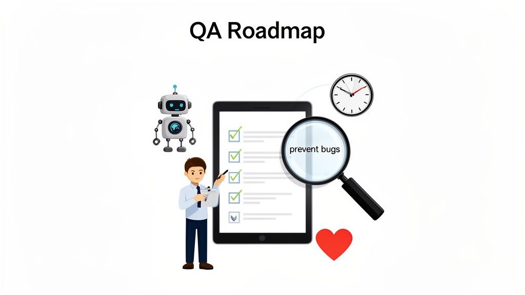 Illustration showing a QA roadmap with a robot, a checklist to prevent bugs, and a clock.