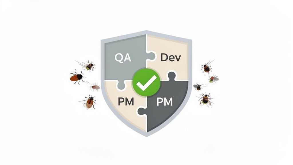 A shield made of puzzle pieces labeled QA, Dev, PM, with a checkmark, repelling software bugs.