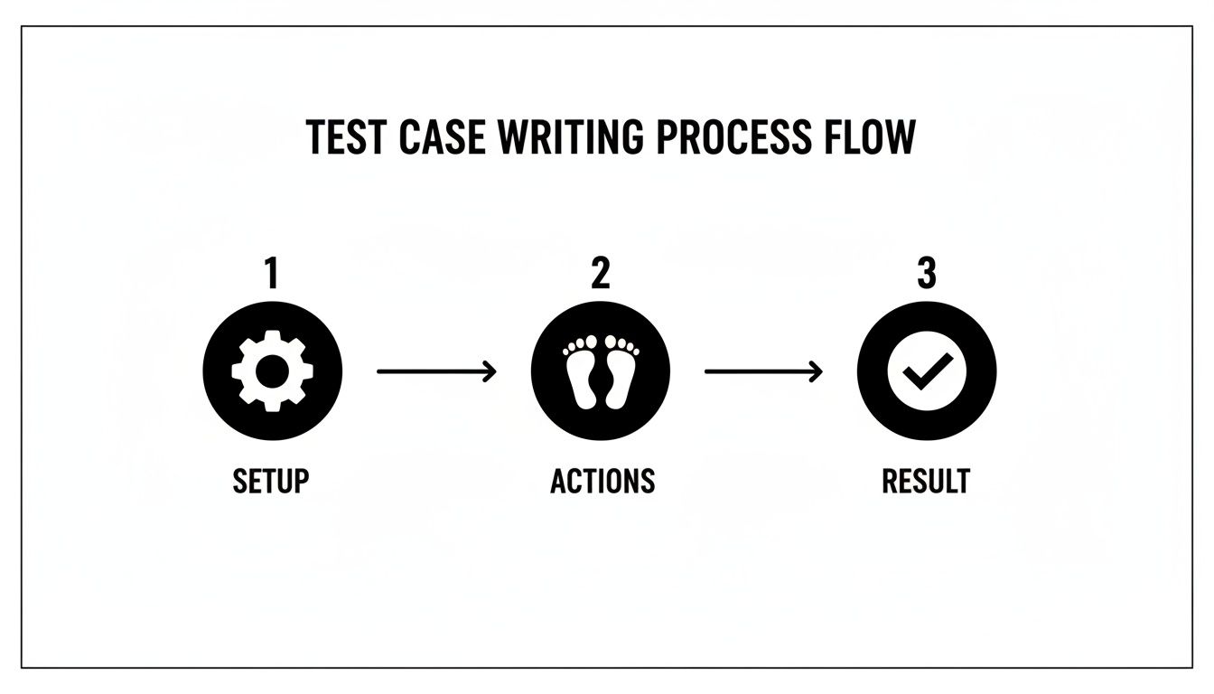 A black and white diagram illustrating the test case writing process flow with three steps: Setup, Actions, and Result.