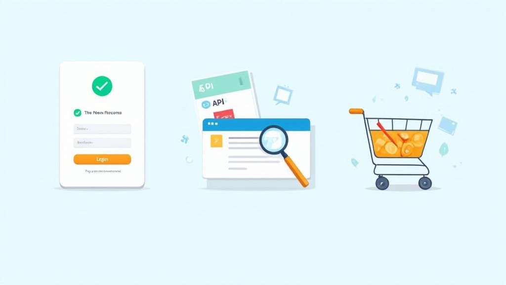 Illustrations depicting online login, API integration with search, and a shopping cart filled with coins.