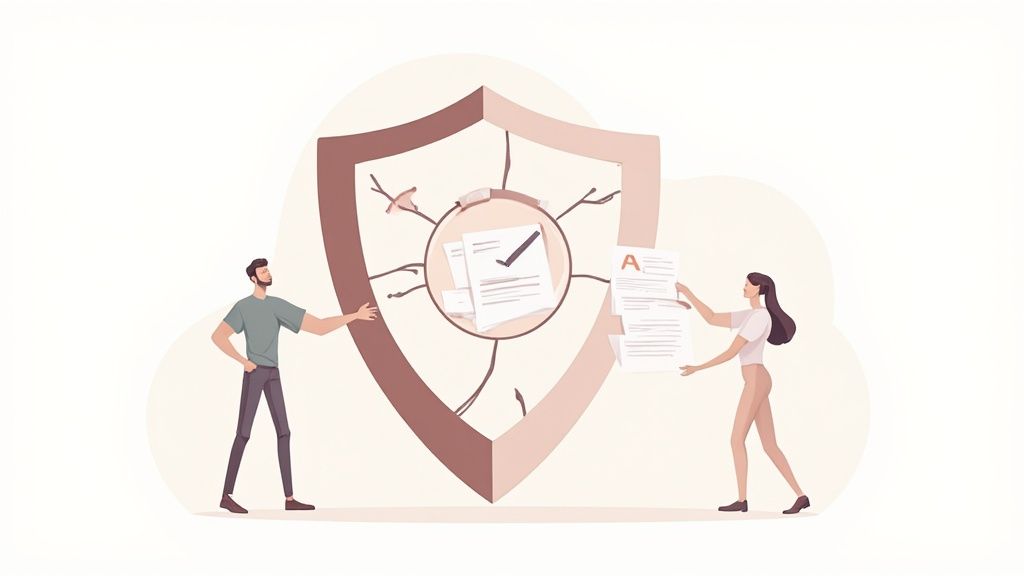 Illustration of a man and woman protecting important documents within a secure shield.