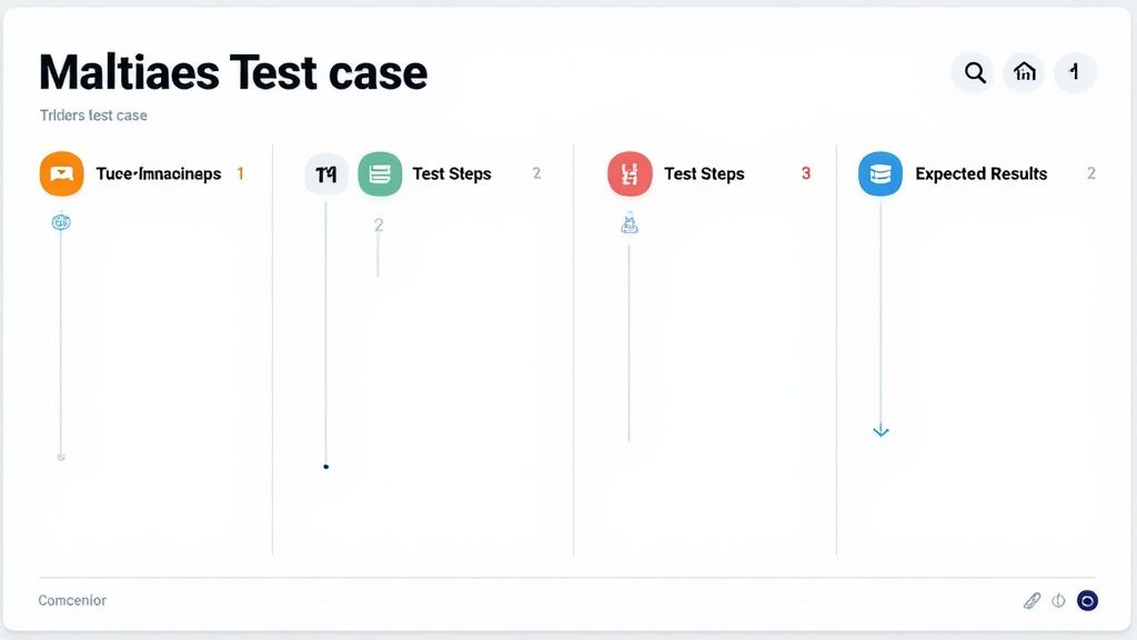 A clean white user interface showcasing a software test case workflow diagram with multiple columns and icons.