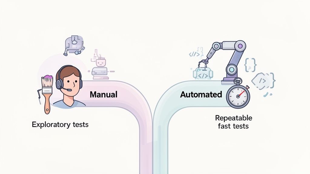 A visual comparison of manual testing (exploratory) and automated testing (fast, repeatable).
