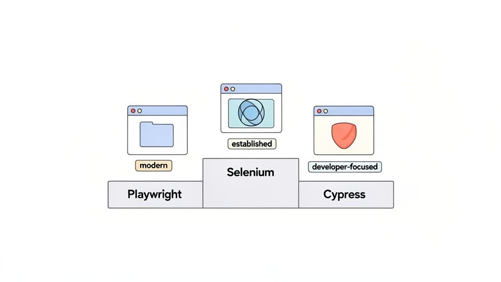 Visual comparison of Playwright (modern), Selenium (established), and Cypress (developer-focused) automation tools.