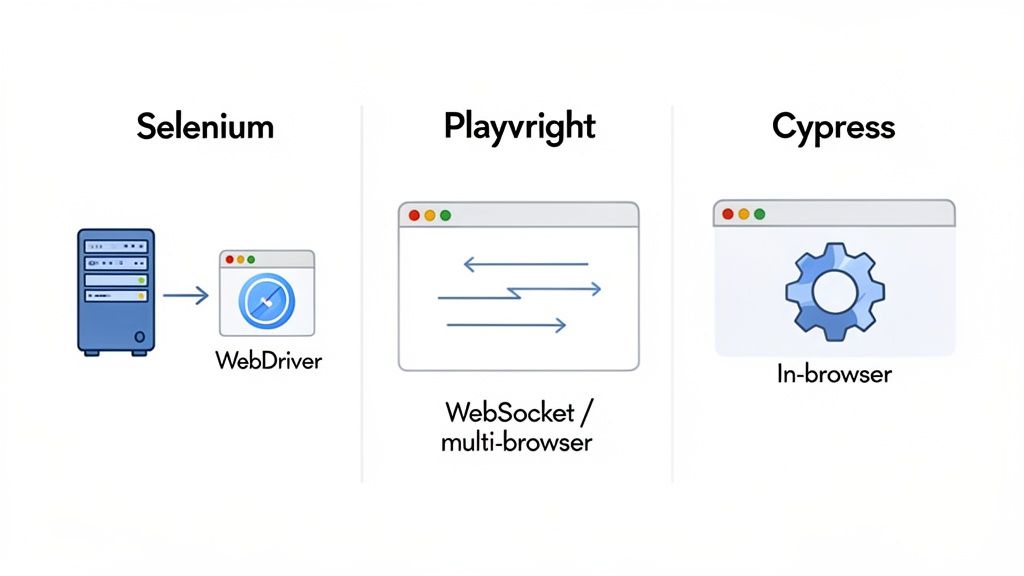 Diagram comparing web automation tools: Selenium using WebDriver, Playwright with WebSocket, and Cypress as an in-browser solution.