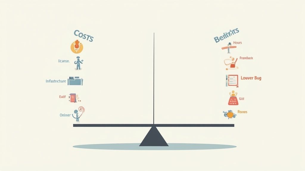 A balance scale illustrating costs like license and infrastructure versus benefits like saved hours and lower bugs.
