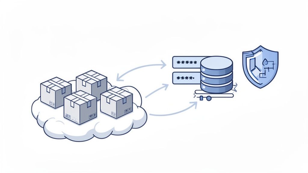 A diagram illustrating cloud-based applications interacting with a secure database and DevSecOps shield.