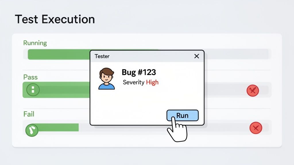 A software testing interface showing bug #123 with high severity, with a 'Run' button being clicked.
