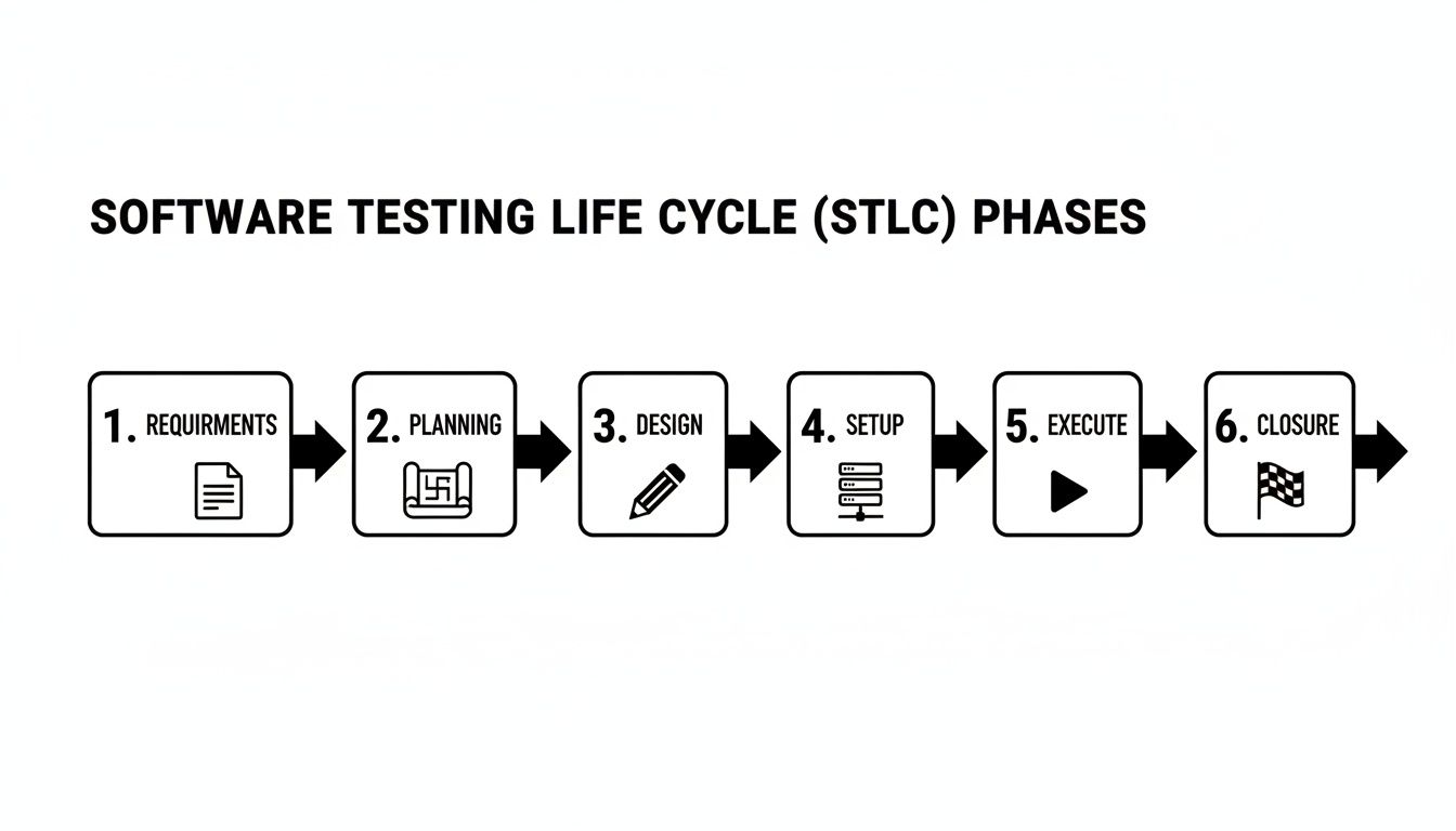 Flowchart illustrating the six key phases of the Software Testing Life Cycle (STLC) from requirements to closure.
