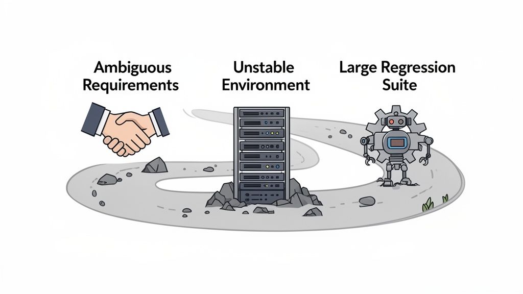 An illustration of a winding road with obstacles: ambiguous requirements, unstable environment, and large regression suite.
