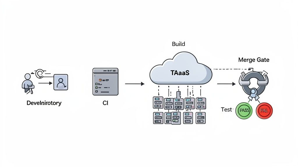 A diagram illustrates a software development pipeline with a developer, CI, TaaS build and test, and a merge gate.