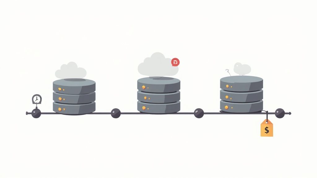 Illustration showing a timeline of three cloud database servers, one with a stopwatch, one with an alert, and one with a price tag.