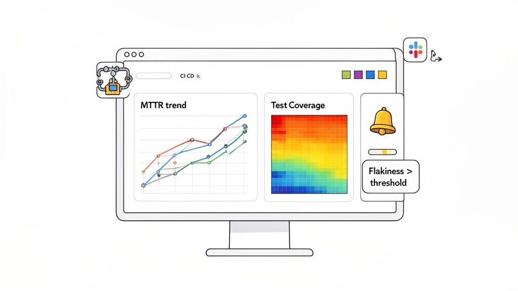 A computer screen displays a dashboard with MTTR trend graph, test coverage heatmap, and flakiness alert.