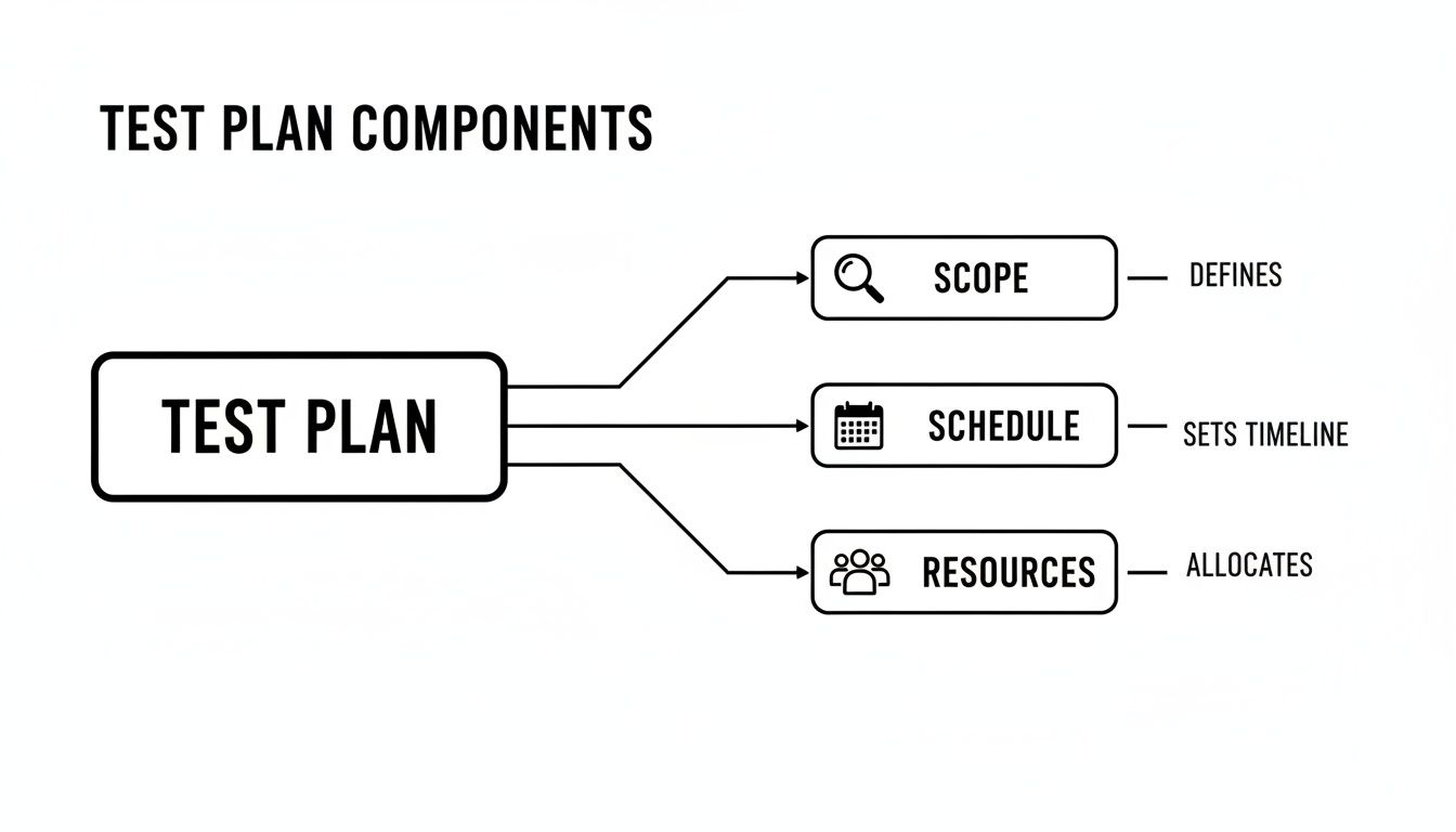 Flowchart illustrating test plan components: scope, schedule, and resources, detailing what each aspect defines.