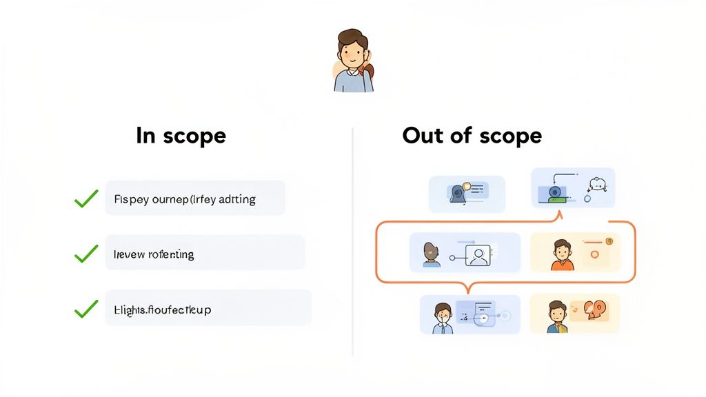 A graphic illustrating 'In scope' and 'Out of scope' project elements with icons and text.
