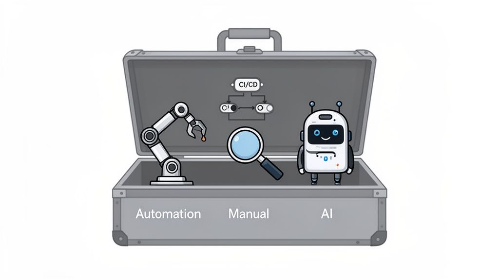An open briefcase displaying a robotic arm, magnifying glass, and AI robot for testing methods.