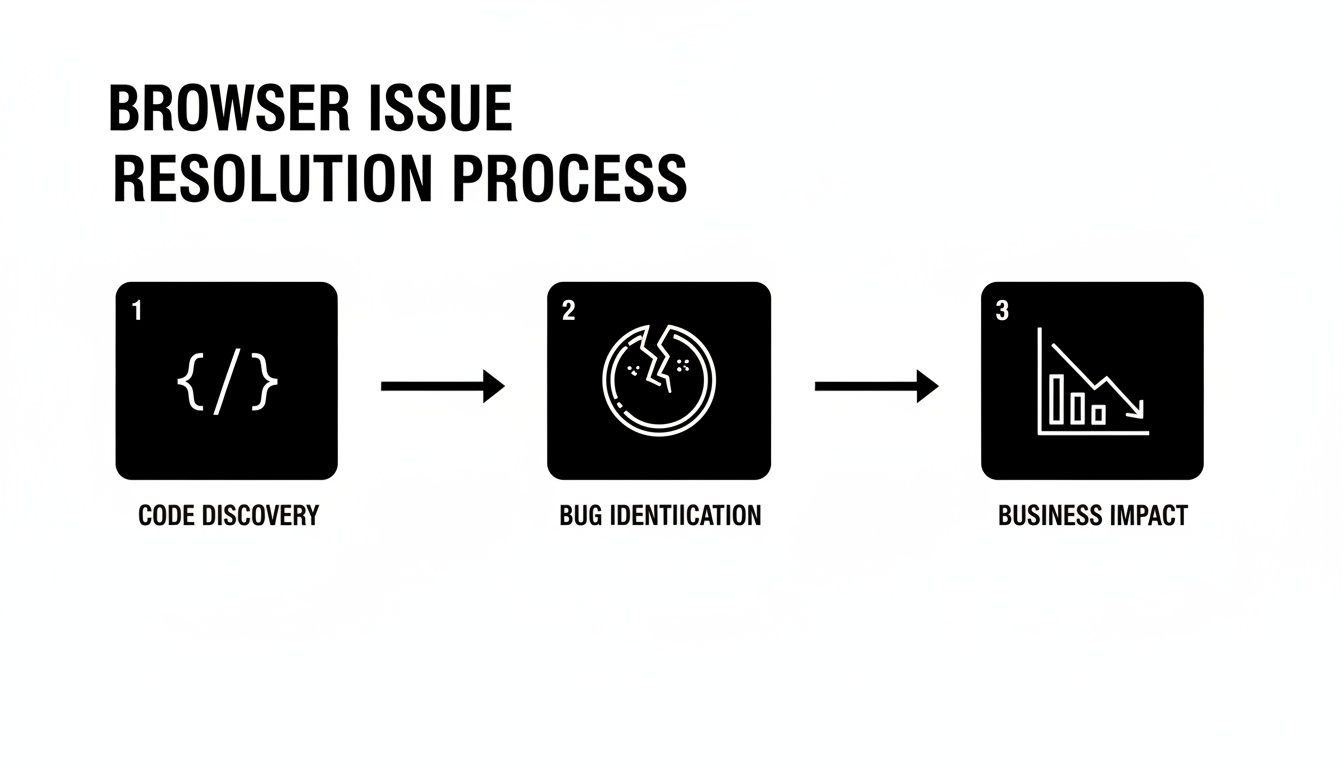 Diagram illustrating the browser issue resolution process with steps: code discovery, bug identification, and business impact.