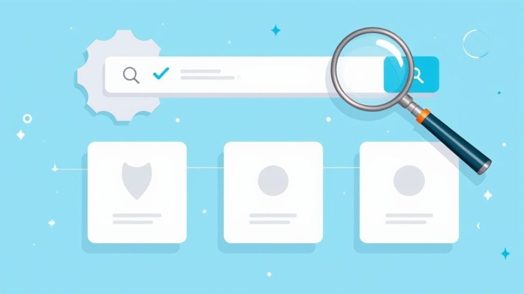 A search interface with a magnifying glass, gear icon, checkmark, and three white cards on a blue background.