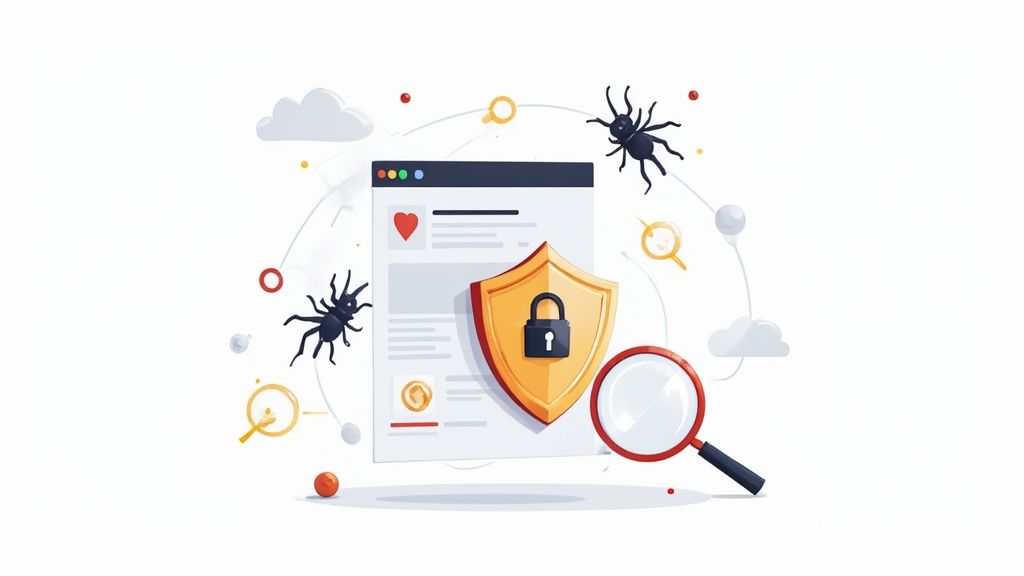 A shield with a padlock protects a web application from digital bugs, symbolizing security testing.