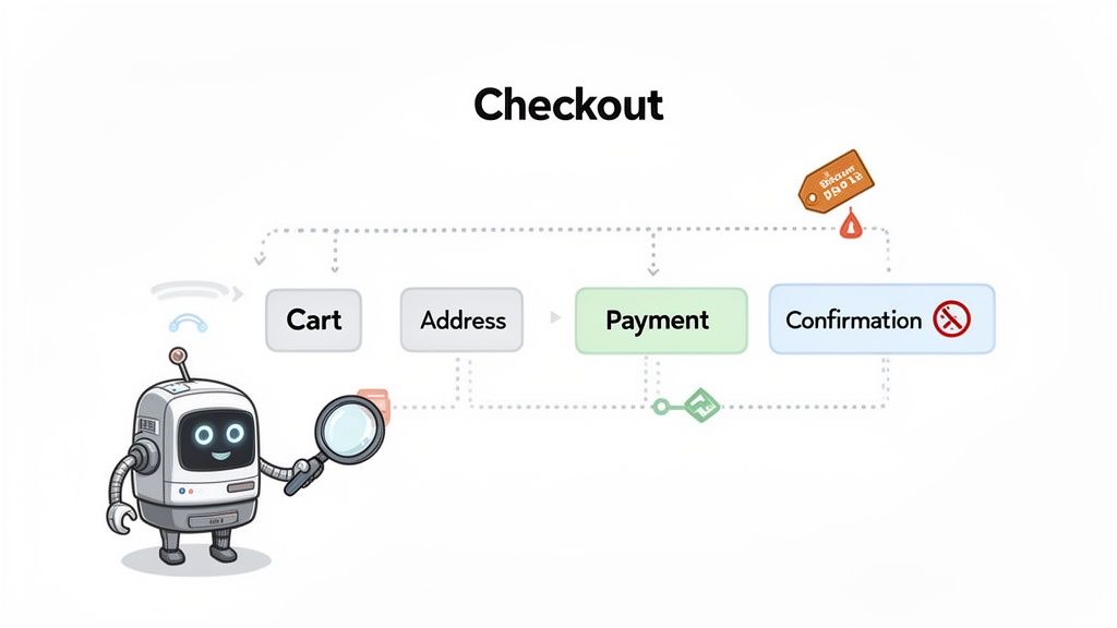 A robot with a magnifying glass inspects a checkout process flowchart showing cart, address, payment, and confirmation steps.